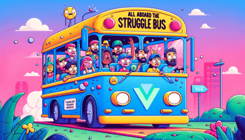 A playful and engaging illustration for a tech blog post titled 'All Aboard the Struggle Bus', featuring a cartoon-style bus in a colorful setting