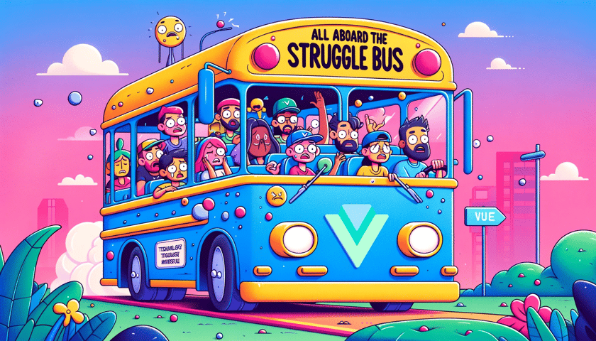 A playful and engaging illustration for a tech blog post titled All Aboard the Struggle Bus, featuring a cartoon-style bus in a colorful setting. Th