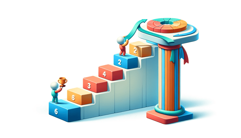 DALL·E 2024-01-18 09.54.46 - A fun and imaginative illustration representing a step-by-step rollout process, focusing on steps or a podium concept. The image should depict a whims