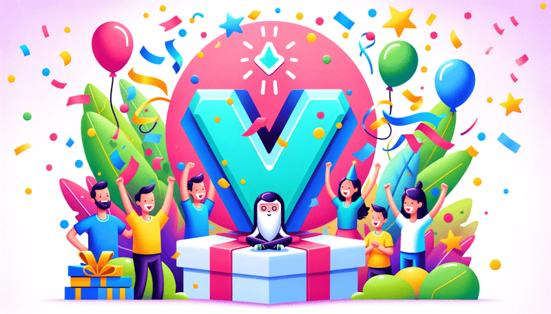 DALL·E 2024-01-18 09.59.05 - A celebratory and joyful illustration showing the success of a project, featuring the Vue.js logo. The image should depict a festive atmosphere, possi