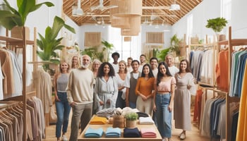 Diverse shoppers in an eco-friendly fashion store, highlighting sustainable materials and inclusivity.