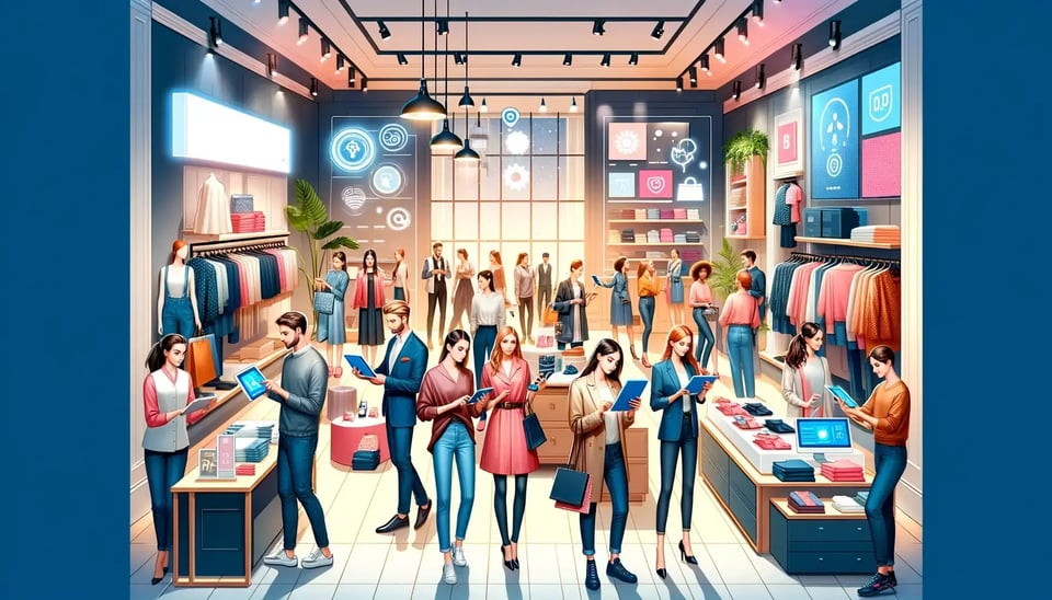 DALL·E 2024-05-23 10.43.48 - A vibrant, fashion retail store with a diverse group of customers interacting with technology. People are using tablets and smartphones for shopping, 