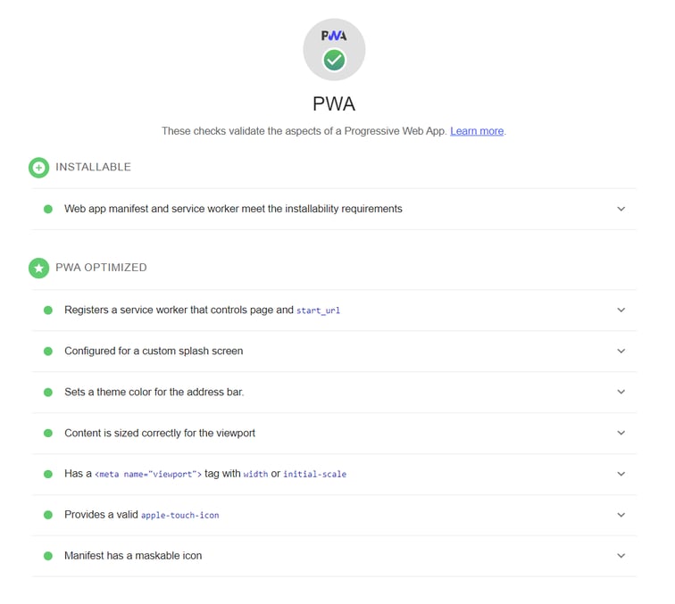 PWA Passing Test in Lighthouse