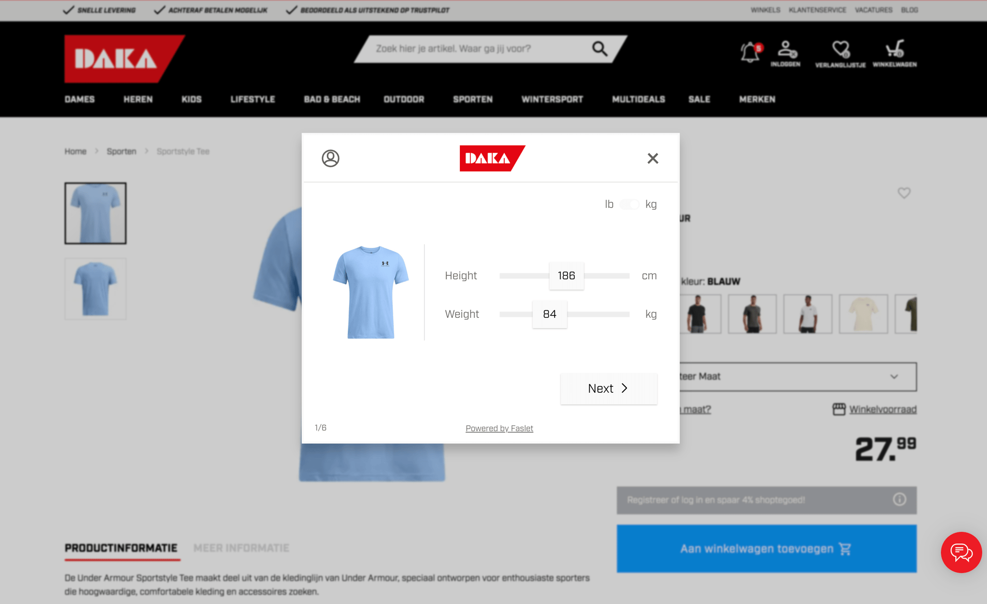 Daka productpage showing sizing service faslet