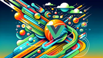 An image showing the Vue JS logo in a science fiction inspired abstract background