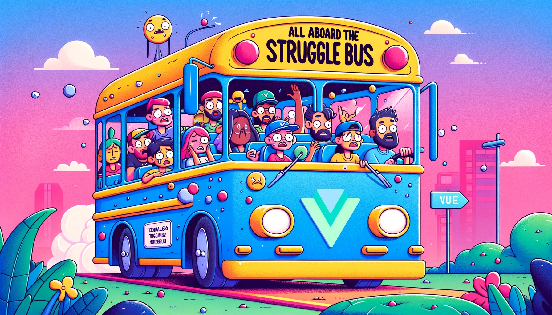 A playful and engaging illustration for a tech blog post titled 'All Aboard the Struggle Bus', featuring a cartoon-style bus in a colorful setting