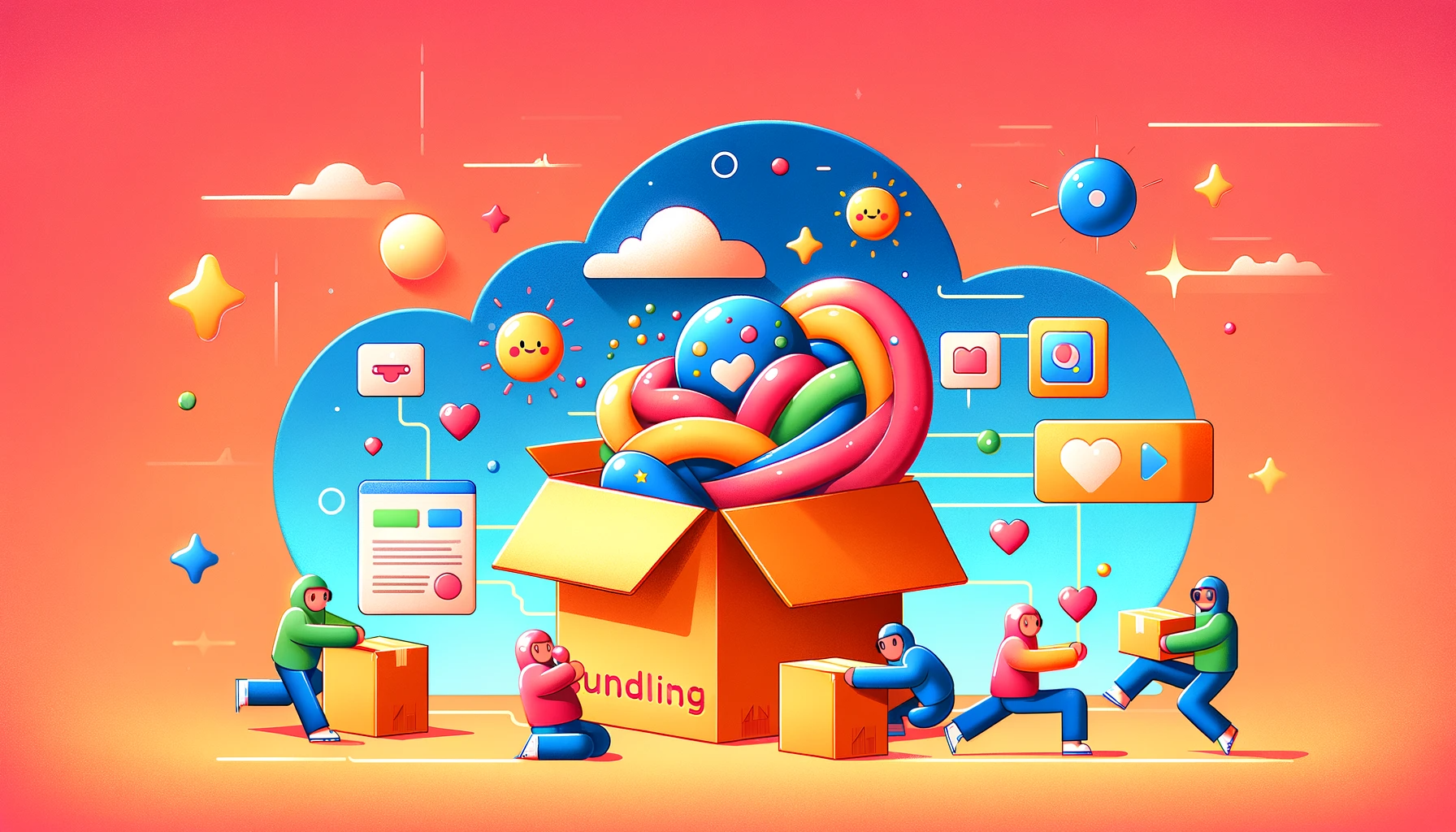 A playful and colorful illustration that captures the concept of bundling in a tech context