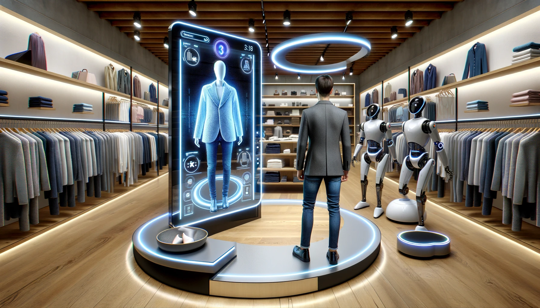 Futuristic clothing store with customer using an interactive smart mirror, AI robots restocking shelves, and digital screens for personalized recommendations.