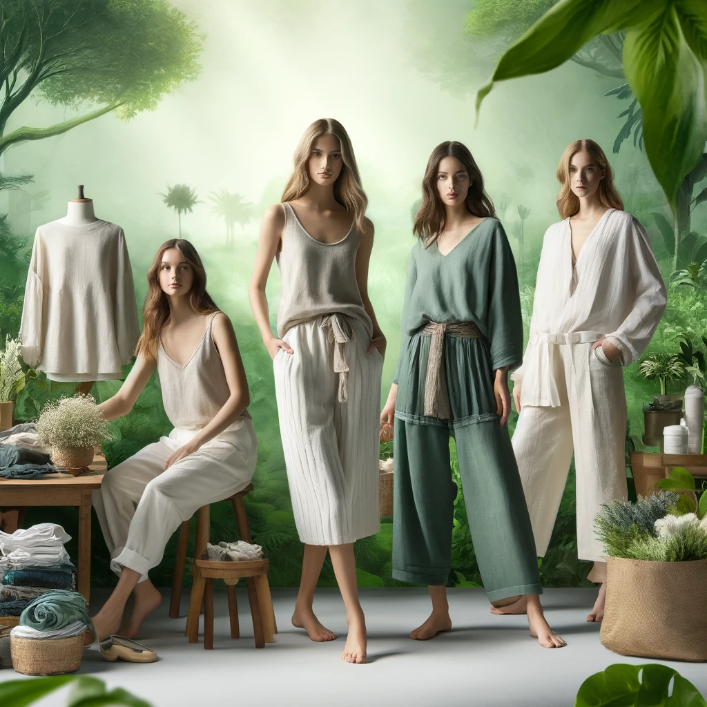 Models in eco-friendly outfits in a green setting, symbolizing sustainable fashion and ethical production practices.